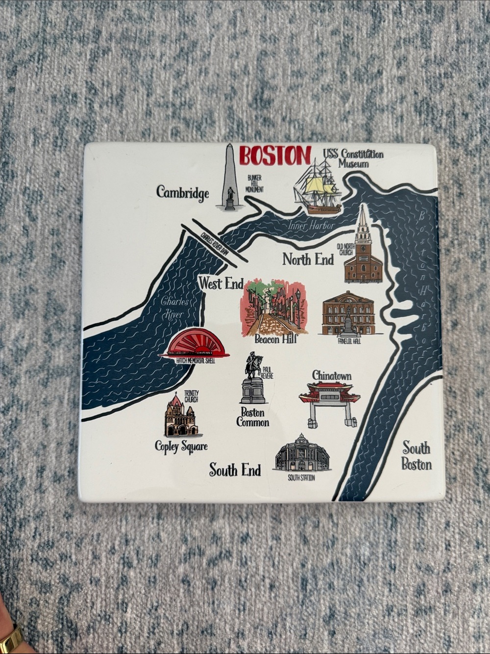Boston Decorative Ceramic Tile - Map Motif in Navy, Red, Cream